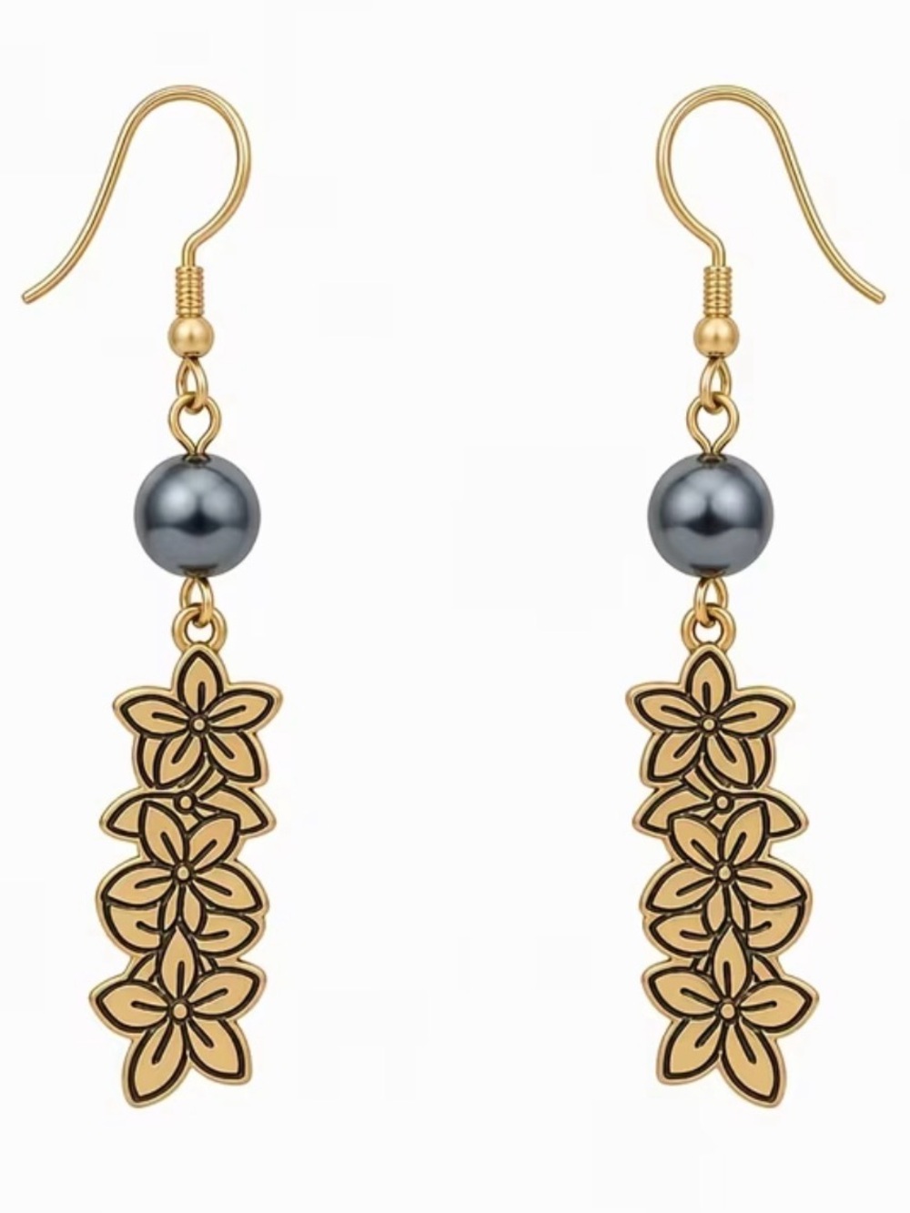 Gold Floral Drop Earrings with Gray Pearl Accent